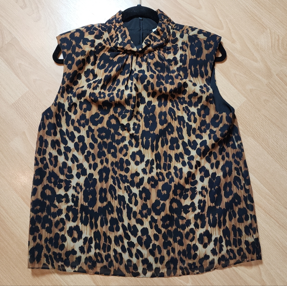 MILLY Rori Leopard Print Chiffon Sleeveless Blouse Top‎ Padded Shoulders Medium
